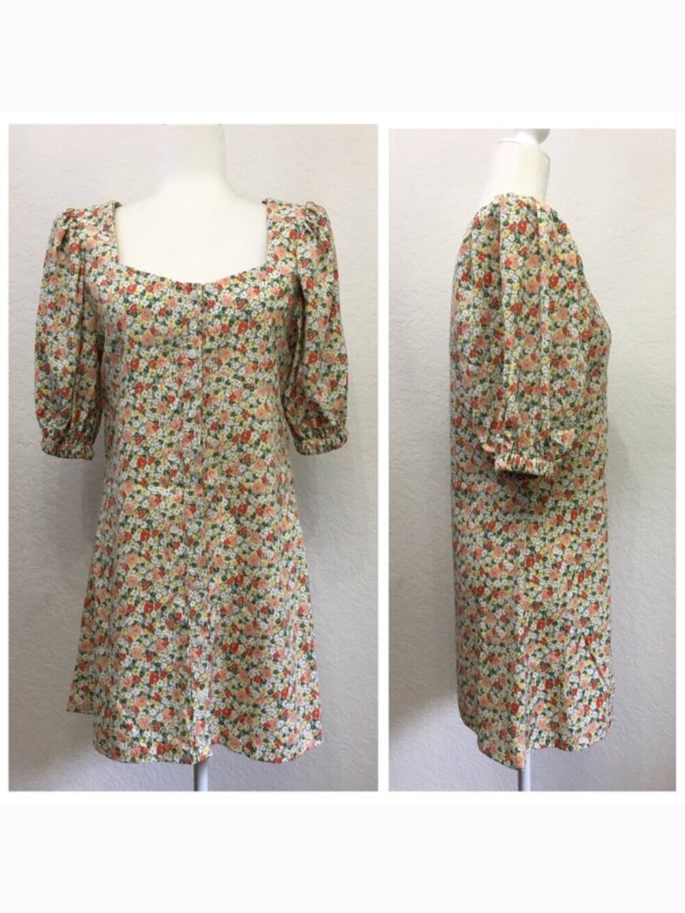 NADA Korean Fashion Women XS Floral Button Front Mini Dress Puffed Sleeves